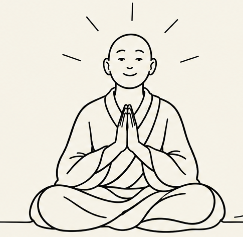 Front-facing monk in a prayer pose, black line illustration with no surrounding text