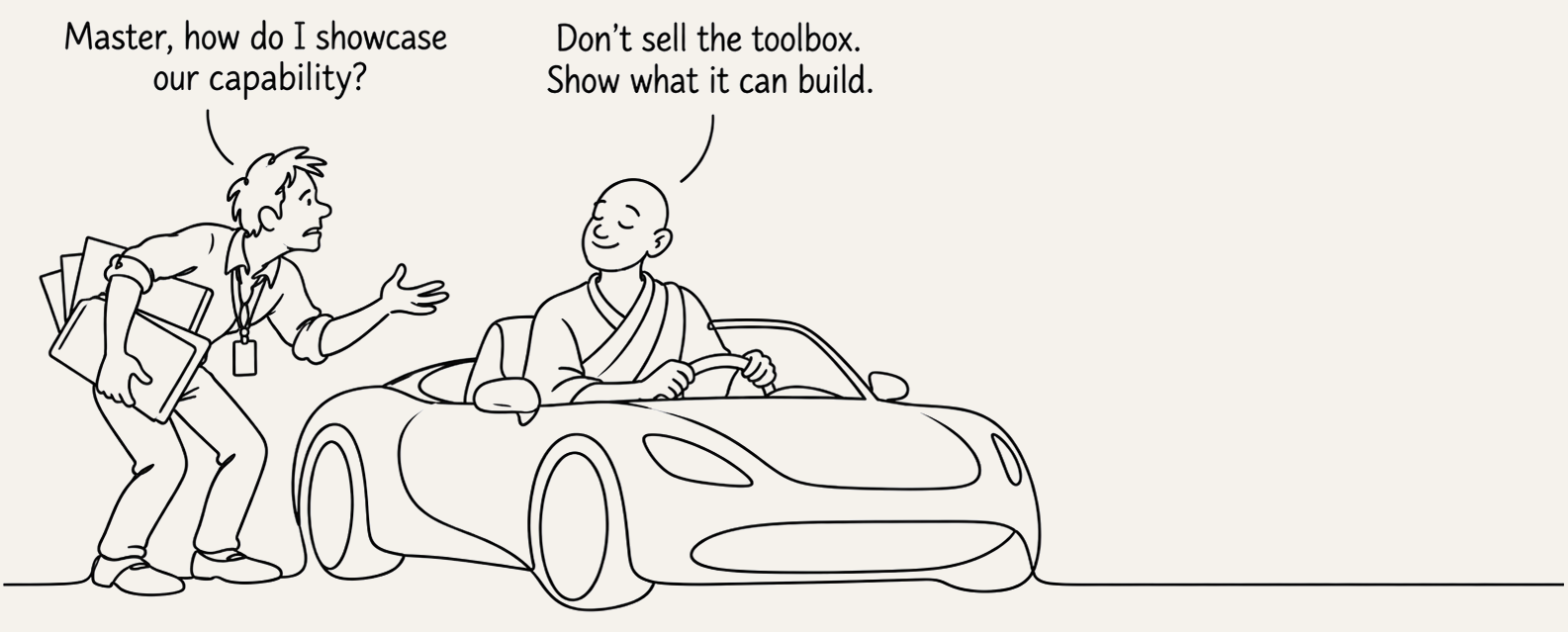 Corporate satire on showing capability through outcomes